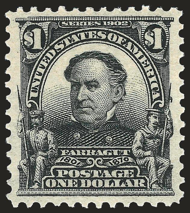 $1.00 Black (311).> Mint N.H., intense shade and impression on bright paper, well-proportioned margins<><>^EXTREMELY FINE. A BEAUTIFUL MINT NEVER-HINGED EXAMPLE OF THE $1.00 1902 ISSUE.^<><>With 2008 P.S.E.
certificate (XF 90 SMQ $4,850.00). Onl