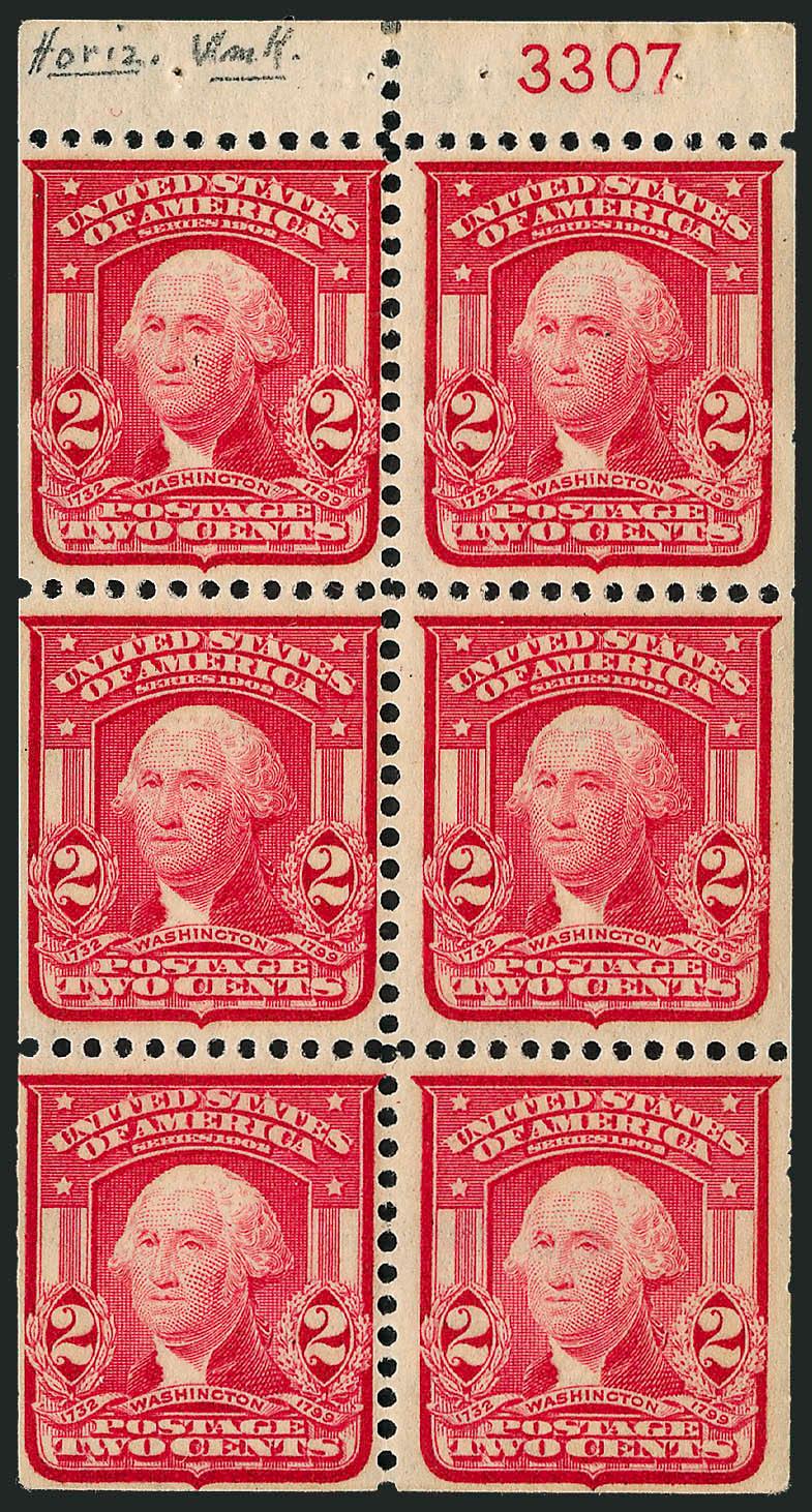 2c Carmine, Die I, Booklet Pane of six, Horizontal Watermark (319g var.).> With plate no. 3307, faintly hinged, one stamp natural wrinkle<><>^FINE. AN EXTREMELY RARE 2-CENT 1903 BOOKLET PANE VARIETY.^<><>We do
not recall ever offering this variet