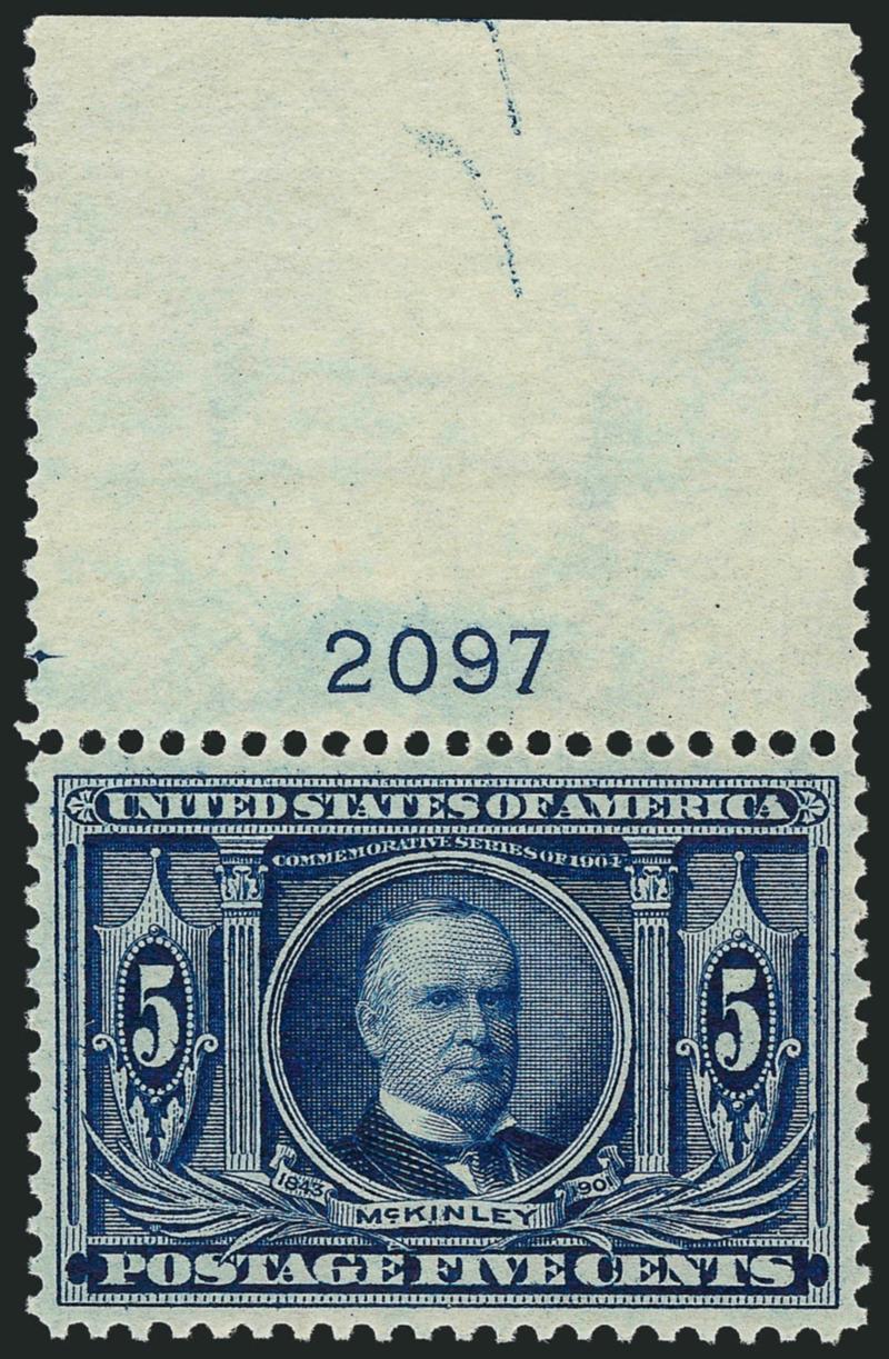 5c Louisiana Purchase (326).> Mint N.H. with top plate no. 2097, magnificent centering and strong color<><>^EXTREMELY FINE GEM. THE 5-CENT LOUISIANA PURCHASE IS VERY DIFFICULT TO LOCATE IN THIS SUPERB
QUALITY.^<><>With 2008 P.S.E. certificate (XF
