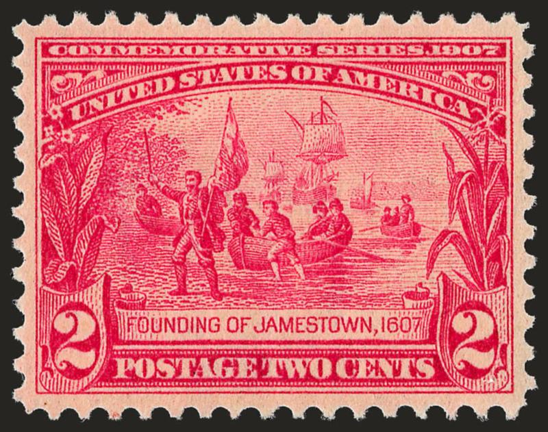 2c Jamestown (329).> Mint N.H., brilliant color as fresh as the day it was printed, perfectly centered with wide and balanced margins<><>^EXTREMELY FINE GEM. A STUNNING MINT NEVER-HINGED EXAMPLE OF THE 2-CENT
JAMESTOWN, WHICH HAS BEEN GRADED SUPERB