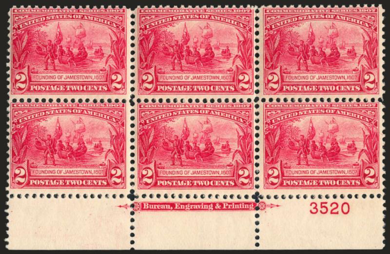 2c Jamestown (329).> Bottom imprint and plate no. 3520 block of six, deep rich color, bottom center stamp small thin spot, appears Fine-Very Fine