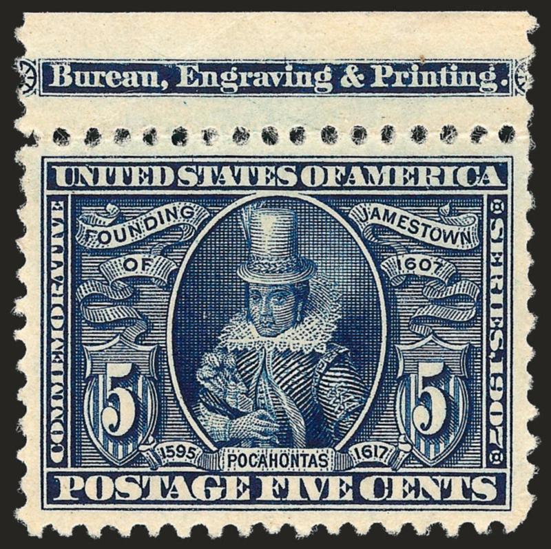 5c Jamestown (330).> Mint N.H. with top part imprint selvage, incredibly wide margins and beautifully centered, natural small line of short gumming at top, Extremely Fine, 5c Jamestown stamps with wide margins
and choice centering are extremely dif