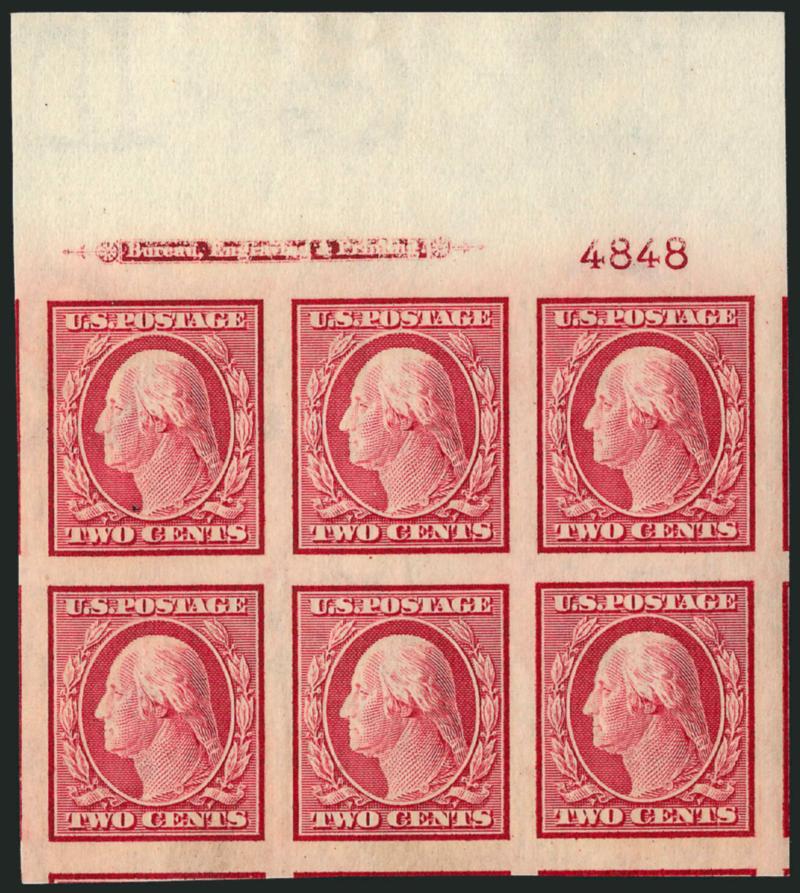 2c Carmine, Imperforate (344).> Mint N.H. wide top imprint and plate no. 4848 block of six, enormous margins showing parts of adjoining stamps, Extremely Fine Gem plate block, with 2008 P.S.E.
certificate