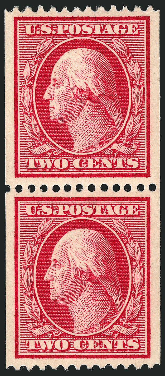 2c Carmine, Coil (349).> Mint N.H. pair, beautifully centered with wide margins, vivid color on fresh white paper<><>^EXTREMELY FINE GEM. THE PERFECT 2-CENT 1908 ISSUE MINT NEVER-HINGED PAIR FOR THE
DISCRIMINATING COLLECTOR.^<><>With 1986 P.F. an