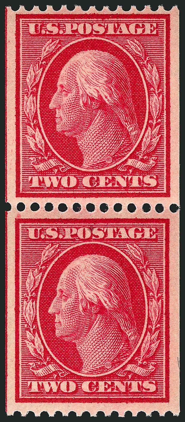 2c Carmine, Coil (349).> Mint N.H. pair, well-centered, deep rich color, bottom stamp trivial natural inclusion, otherwise Very Fine, with 1984 P.F. certificate