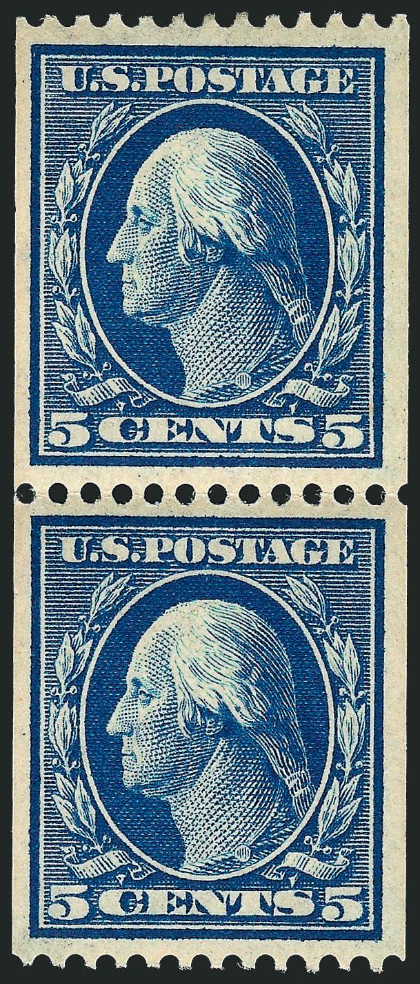 5c Blue, Coil (351).> Pair, top stamp h.r., bottom Mint N.H., wide margins and attractively centered, Very Fine, with 2008P.S.E. certificate