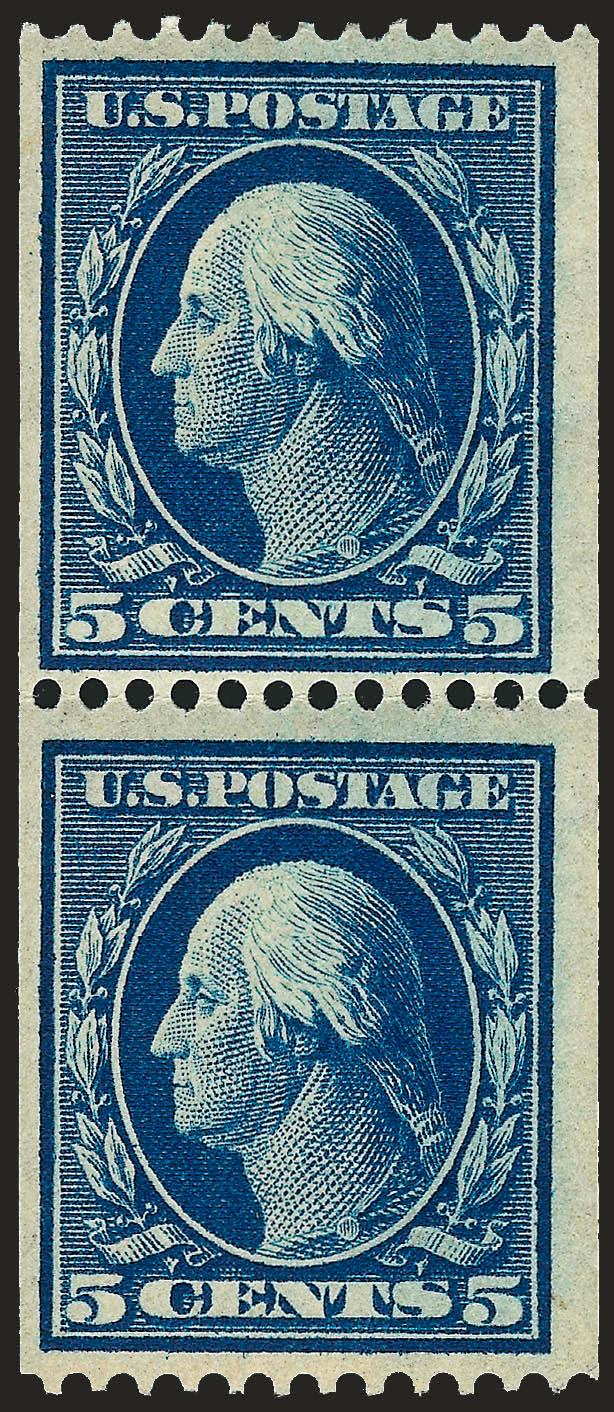 5c Blue, Coil (351).> Pair, top stamp h.r., intense shade, Fine