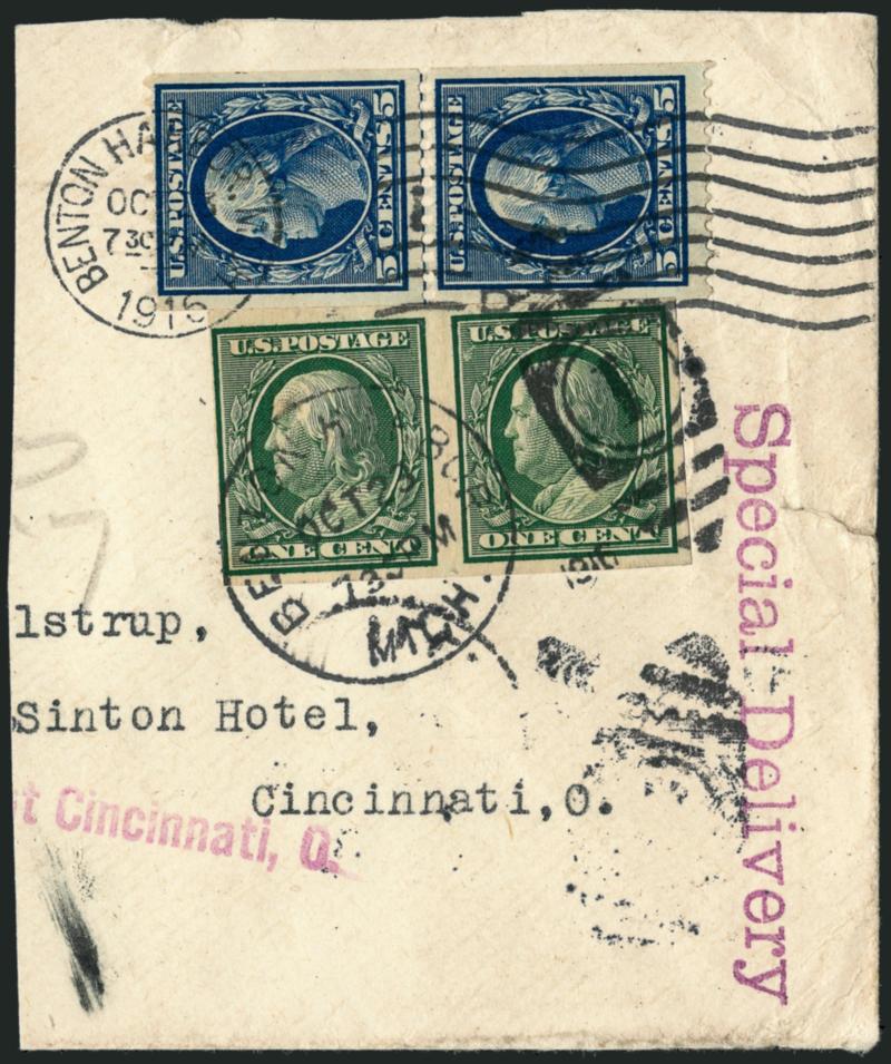 5c Blue, Coil (351).> Guide line pair, choice centering from side-to-side, used with 1c Green, Imperforate (343) and tied by Benton Harbor Mich. Oct. 23, 1916 duplex and machine cancels on part of cover to
Cincinnati, receiving backstamp, Very Fine