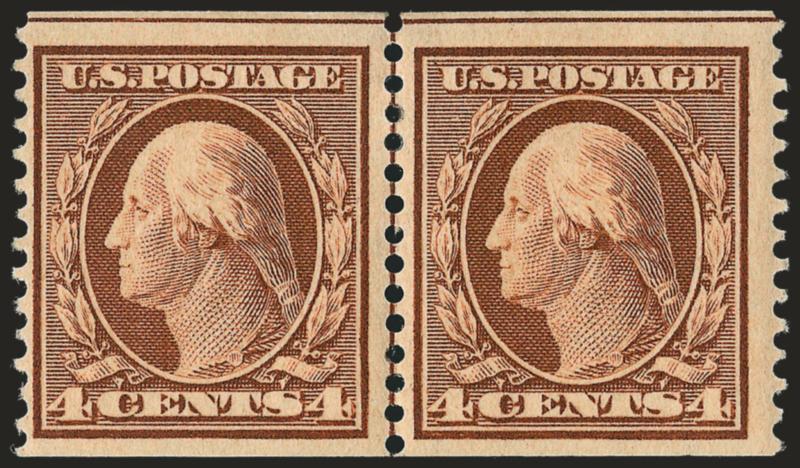 4c Orange Brown, Coil (354).> Guide line pair, bright shade, wide margins, Very Fine