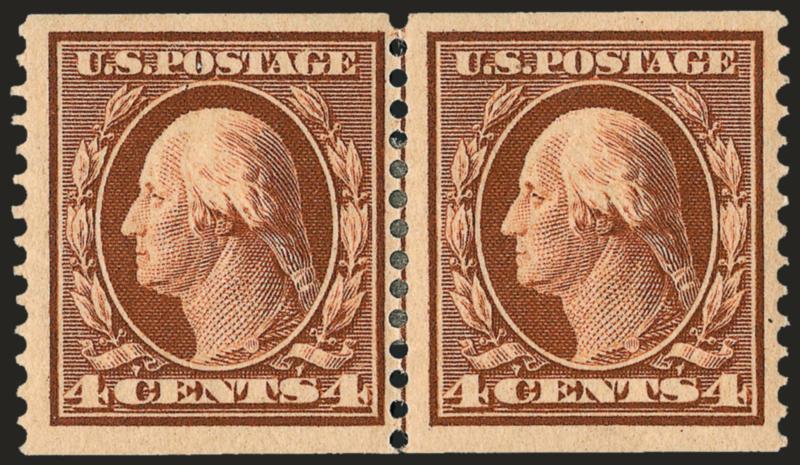 4c Orange Brown, 5c Blue, Coils (354-355).> Guide line pairs, Fine, 4c signed Carl Pelander