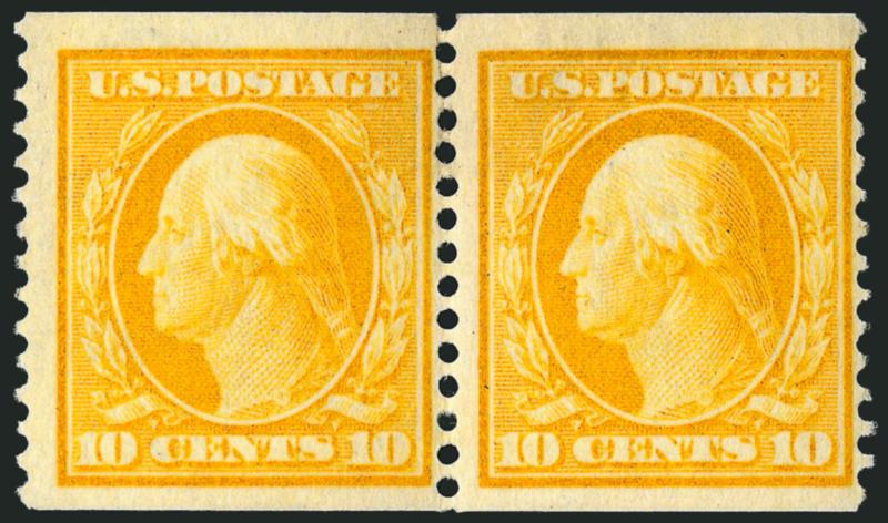 10c Yellow, Coil (356).> Pair, wide top and bottom margins, classic golden shade of genuine No. 356 coils<><>^FINE. A BRIGHT AND FRESH PAIR OF THE 10-CENT 1909 COIL.^<><>Each stamp signed by Sloane and with
1995 and 2008 P.F. certificates