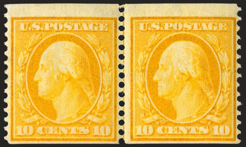 10c Yellow, Coil (356).> Guide line pair, lightly hinged for this issue, intense color<><>^FINE. AN EXCEEDINGLY RARE GUIDE LINE PAIR OF THE 10-CENT HORIZONTAL COIL, SCOTT 356.^<><>We have sold fewer than 15
guide line pairs since keeping computer