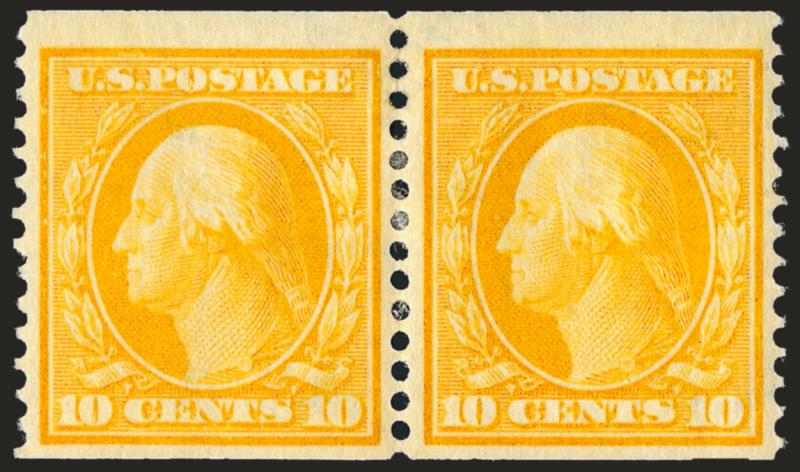 10c Yellow, Coil (356).> Pair, vibrant color as fresh as the day it was printed, small thin spot from hinge removal, few sensibly reinforced perfs at top<><>^FINE APPEARING PAIR OF THE SCARCE 10-CENT HORIZONTAL
COIL, SCOTT 356.^<><>From an old-ti