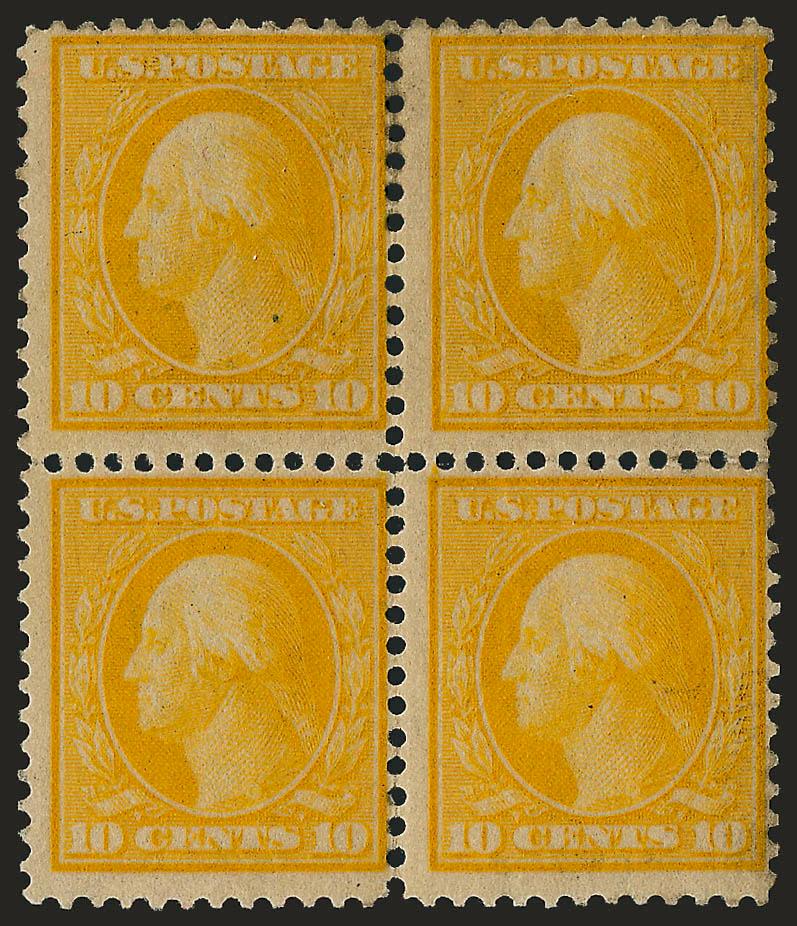 10c Yellow, Bluish (364).> Block of four, gum soaks around some perfs, otherwise Very Good-Fine, with 1976 unused (no gum), which describes the gum soaks as gum stains