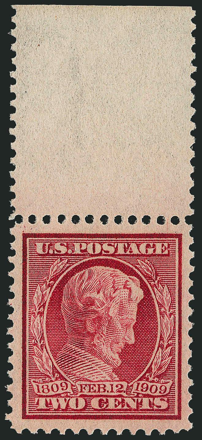 2c Lincoln, Bluish (369).> Mint N.H., gorgeous wide balanced margins all around and huge top sheet selvage, crisp shade on nicely blued paper, post-office fresh gum, Extremely Fine Gem, with 2005 P.S.E.
certificate (XF-Superb 95 SMQ $1,650.00)