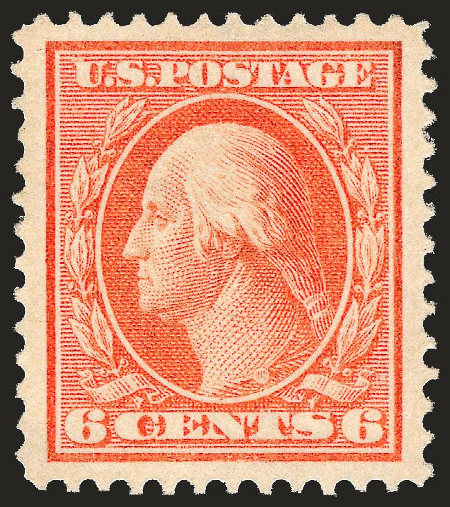 6c Red Orange (379).> Mint N.H., vibrant color, perfectly centered with wide and balanced margins, fresh and Extremely Fine, a beautiful stamp, with 2001 P.F. and 2006 P.S.E. certificates (XF-Superb 95 SMQ
$1,150.00)