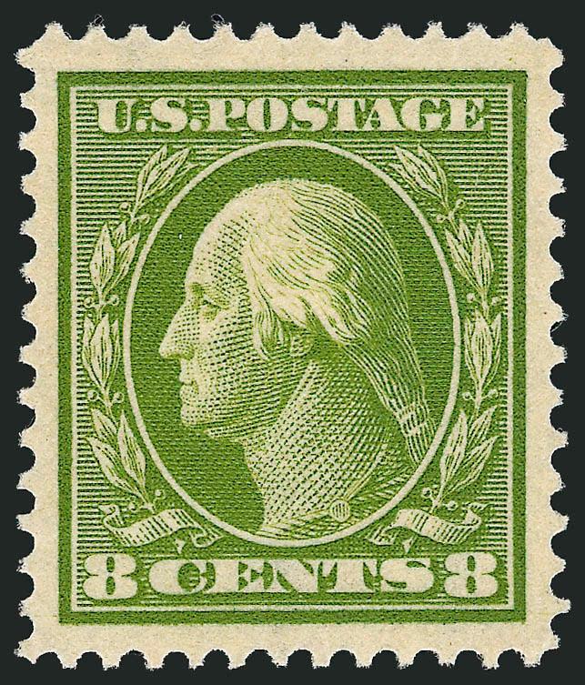 8c Olive Green (380).> Beautiful Jumbo margins, essentially perfectly centered, remarkably bright color, lightly hinged, Extremely Fine Gem, with 2008 P.S.E. certificate (XF-Superb 95 Jumbo SMQ $355.00 as 95,
$830.00 as 98)