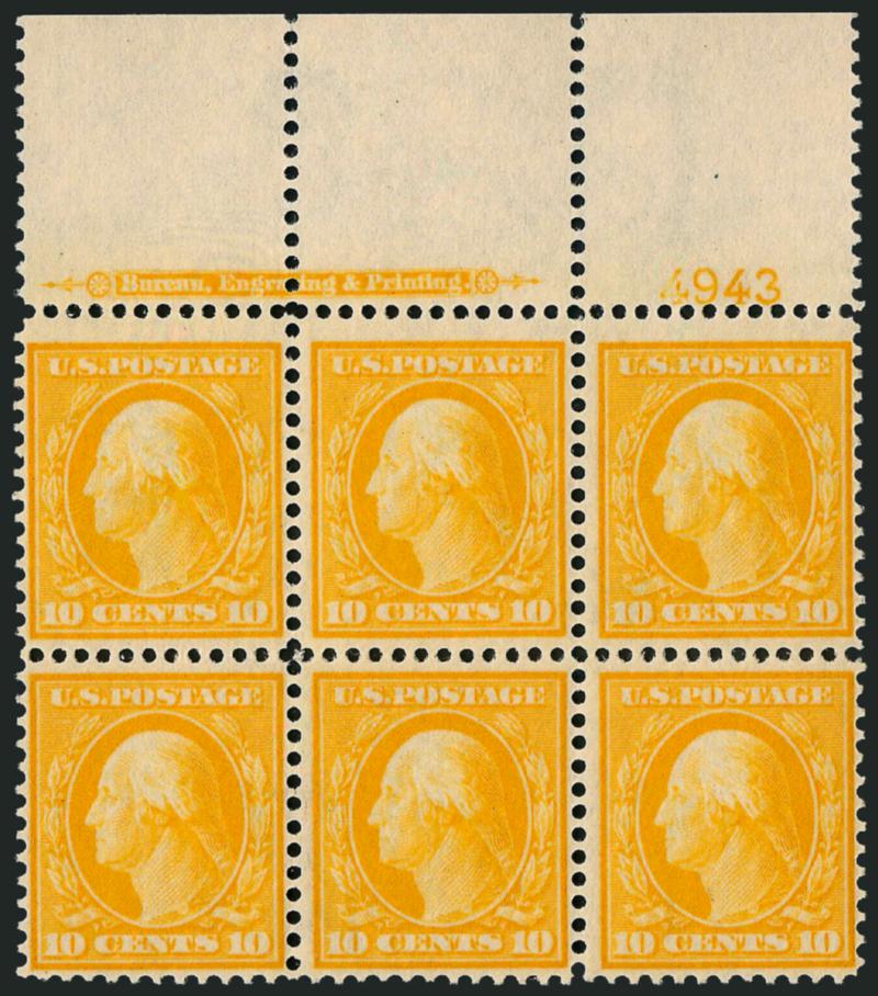 10c Yellow (381).> Wide top imprint and plate no. 4943 block of six, barely hinged in selvage, stamps Mint N.H., Fine-Very Fine, an extremely scarce full top plate block