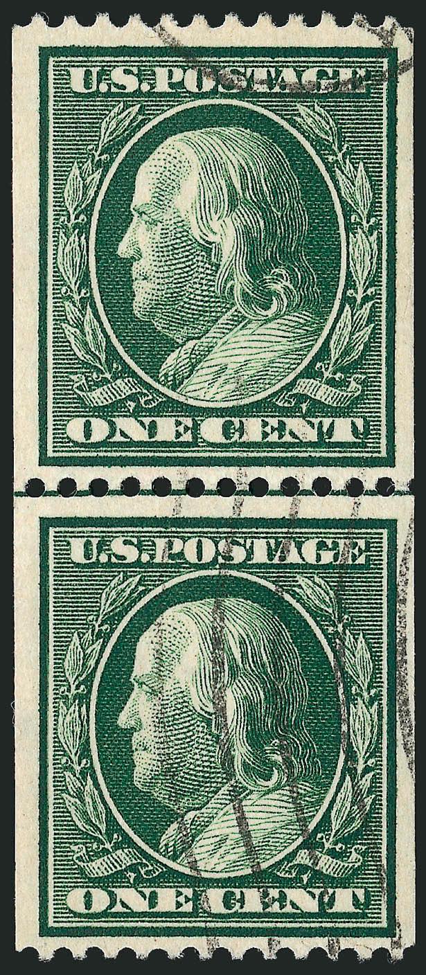 1c Green, Coil (385).> Guide line pair, deep rich color, neat wavy-line machine cancel, Fine-Very Fine, scarce used line pair, with 2008 P.S.E. certificate