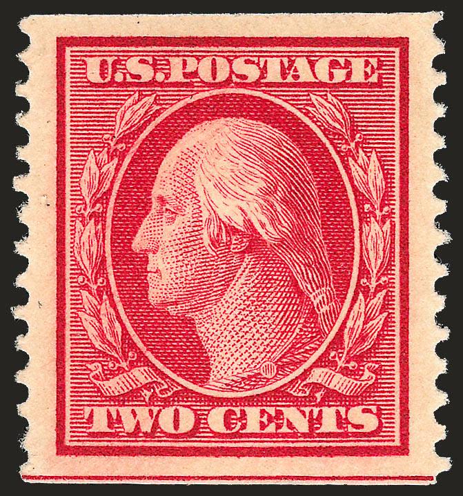 2c Carmine, Coil (388).> Mint N.H., brilliant color as fresh as the day it was printed, perfectly centered with Jumbo margins on all sides<><>^EXTREMELY FINE GEM. A MAGNIFICENT MINT NEVER-HINGED EXAMPLE OF THE
2-CENT HORIZONTAL COIL, SCOTT 388. THI