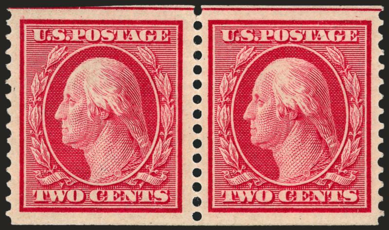 2c Carmine, Coil (388).> Pair with 3mm spacing, h.r., deep rich color, few sensibly rejoined perf separations at top<><>^VERY FINE APPEARING PAIR OF THE SCARCE 2-CENT HORIZONTAL COIL, SCOTT 388.^<><>Scarce with
such wide margins