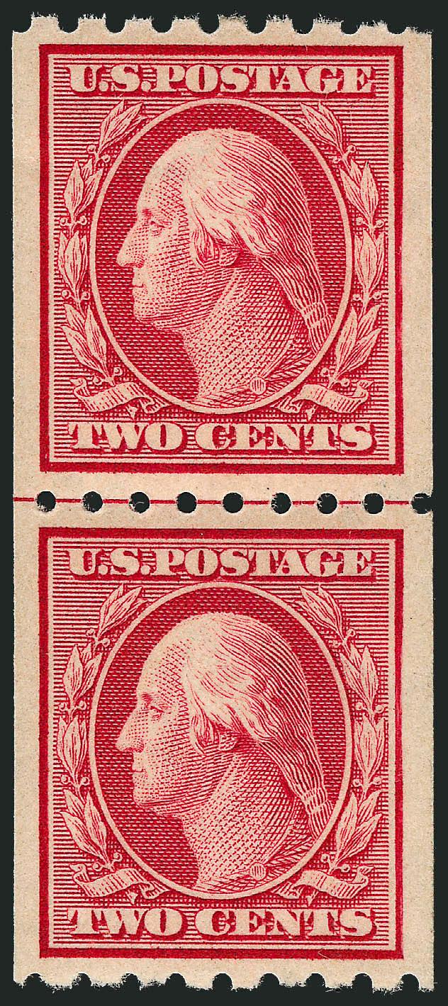 2c Carmine, Coil (391).> Guide line pair, bottom stamp Mint N.H., wide margins and beautiful centering, choice rich color, Extremely Fine Gem, with 2008 P.S.E. certificate (XF-Superb 95 SMQ $590.00)