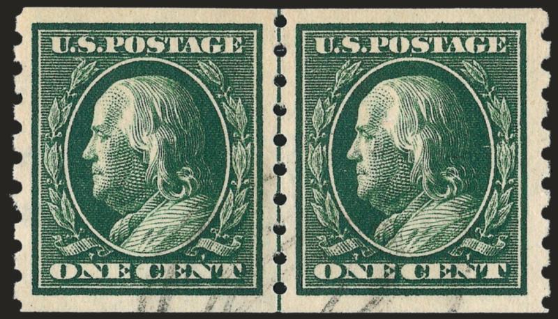 1c Green, Coil (392).> Guide line pair, beautiful centering, rich color, light strike of oval registry cancel, Extremely Fine, a superb used guide line pair, with 2003 P.F. certificate, undercatalogued in Scott
in used condition