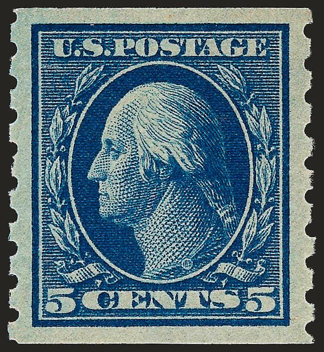 5c Blue, Coil (396).> Mint N.H., deep rich color, mathematically perfect centering<><>^EXTREMELY FINE GEM. A SUPERB MINT NEVER-HINGED EXAMPLE OF THE 5-CENT COIL, SCOTT 396, WHICH HAS BEEN GRADED GEM 100 BY
P.S.E.^<><>With 2008 P.S.E. certificate