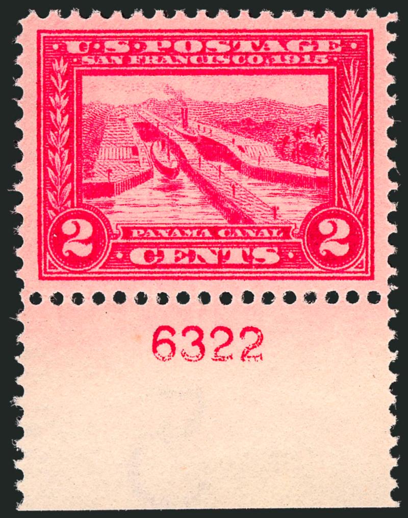2c Panama-Pacific (398).> Mint N.H. with top plate no. 6322, nearly perfect balanced margins, bright color on fresh paper, Extremely Fine Gem, with 2000 P.F. and 2008 P.S.E. certificates (XF-Superb 95 SMQ
$380.00)