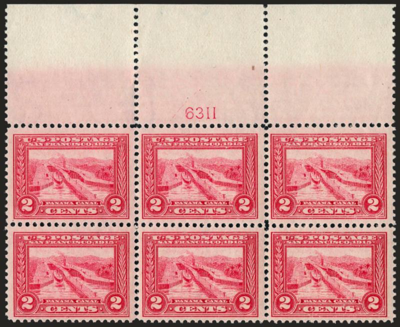 2c Panama-Pacific (398).> Mint N.H. wide top plate no. 6311 block of six, each stamp has wide margins and nicely balanced centering, Very Fine and choice, with 2008 P.S.E. certificate
