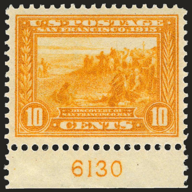 10c Orange Yellow, Panama-Pacific (400).> Mint N.H. with bottom <plate no. 6130,> choice margins and essentially perfectly centered, Extremely Fine, with 2007 P.F. certificate (XF 90 SMQ $740.00)