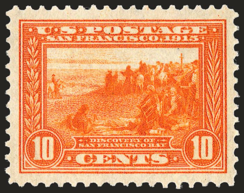 10c Orange, Panama-Pacific (400A).> Mint N.H., wonderful wide margins and near-perfect centering, fresh glowing color<><>^EXTREMELY FINE GEM. A SIMPLY MARVELOUS MINT NEVER-HINGED 10-CENT ORANGE PANAMA-PACIFIC
PERFORATED 12.^<><>With 2005 P.S.E. c