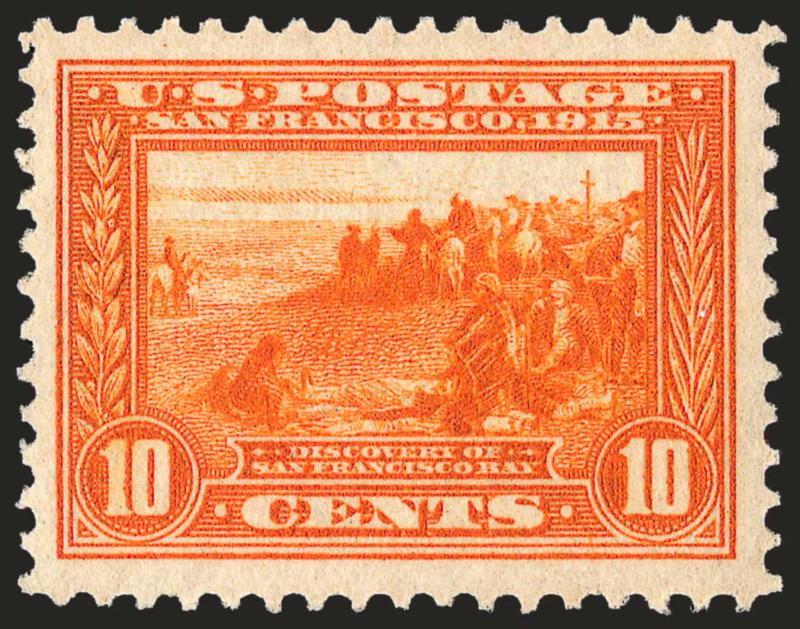 10c Orange, Panama-Pacific (400A).> Mint N.H., well-centered with wide margins, rich color on crisp white paper, Extremely Fine, with 2008 P.F. certificate (XF 90 SMQ $1,200.00)