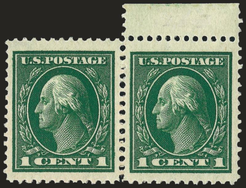 1c Green (405).> Mint N.H. horizontal pair with top selvage above right stamp, huge Jumbo margins, deep rich color, Extremely Fine Gem pair