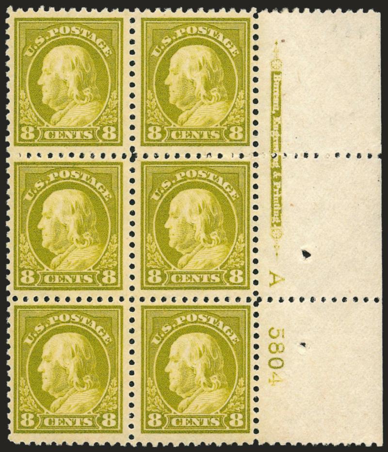 8c Pale Olive Green (414).> Right imprint, plate no. 5804 and A block of six, bottom four stamps Mint N.H., pretty shade, fresh and Fine-Very Fine