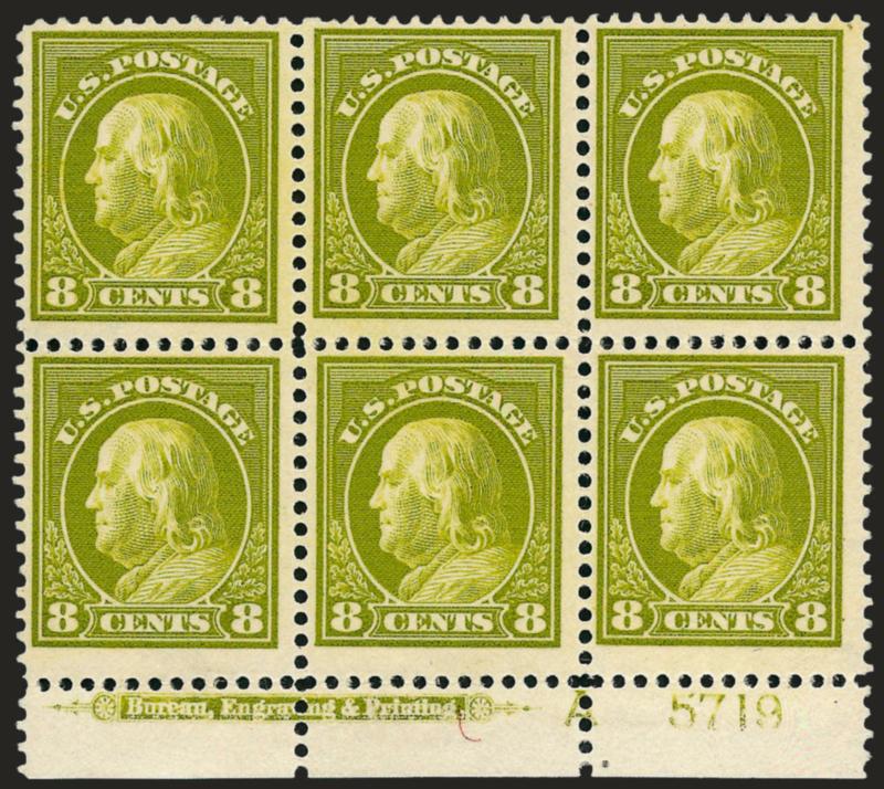 8c Pale Olive Green (414).> Bottom imprint, A and plate no. 5719 block of six, four stamps Mint N.H., Fine, Scott Retail as two hinged and four Mint N.H. stamps
