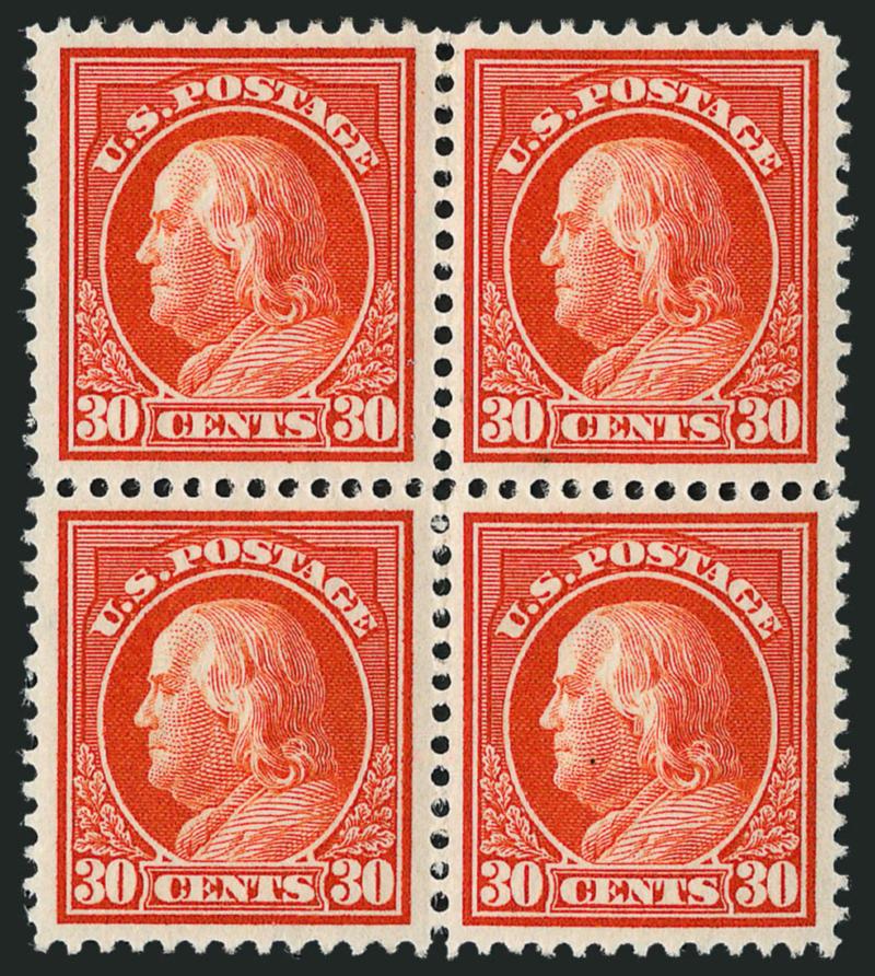 30c Orange Red (420).> Block of four, top right and bottom left Mint N.H., wonderfully fresh and bright, Very Fine-Extremely Fine, left pair rather nice, with 2008 P.S.E. certificate