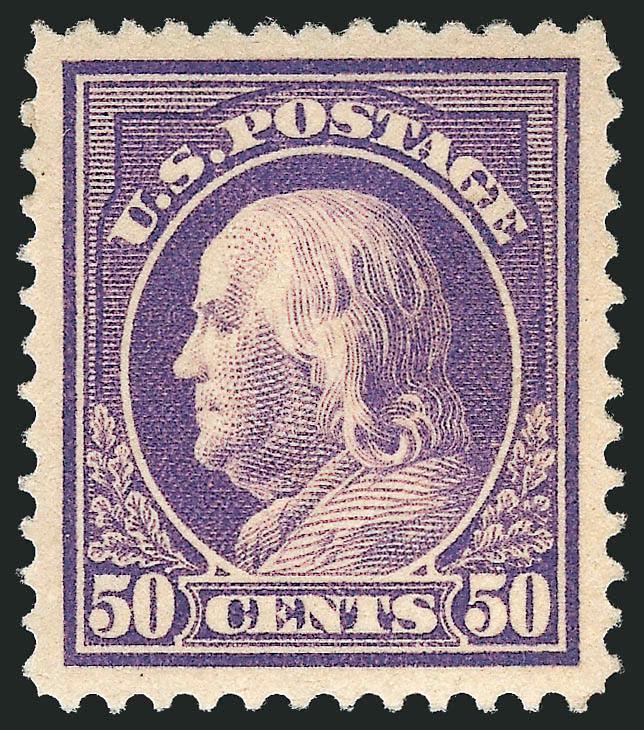 50c Violet (421).> Lightly hinged, radiant color on post-office fresh paper, mathematically perfect centering<><>^EXTREMELY FINE GEM. THIS BEAUTIFUL EXAMPLE OF SCOTT 421 HAS BEEN AWARDED THE GRADE OF GEM 100 BY
P.S.E. -- THIS IS THE HIGHEST GRADE A