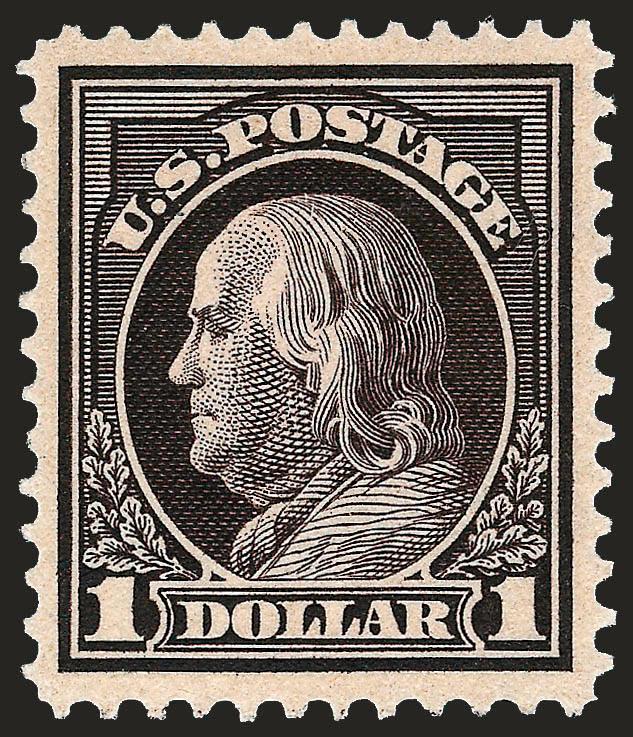 $1.00 Violet Brown (423).> Exceptional margins and centering, strong color, faintly hinged, Very Fine and choice, with 2008 P.F. certificate (VF-XF 85 SMQ $660.00)