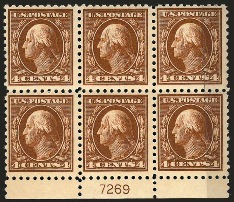 4c Brown (427).> Mint N.H. bottom plate no. 7269 block of six, deep rich color, one perf hole tiny adherence, Fine-Very Fine