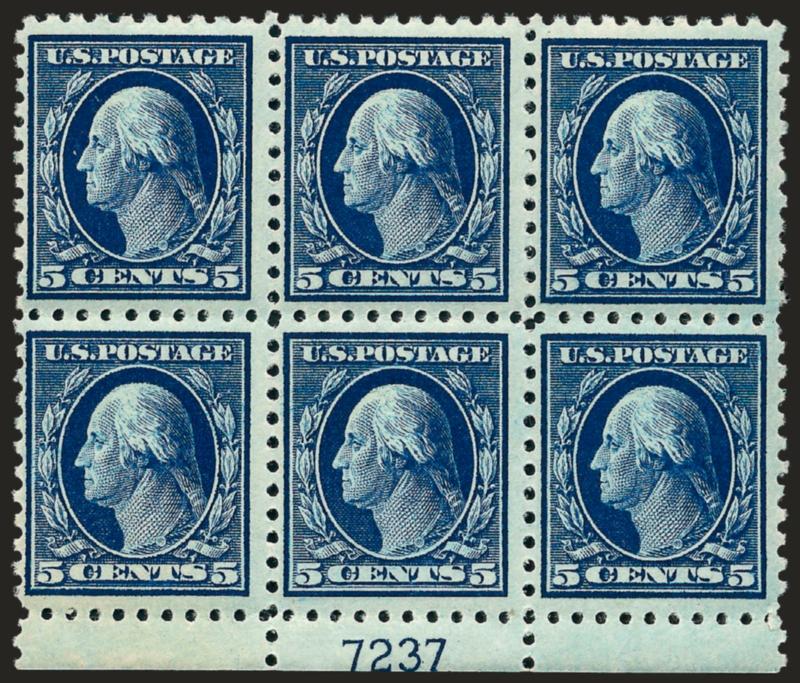 5c Blue (428).> Mint N.H. bottom plate no. 7237 block of six, intense shade and impression, Fine