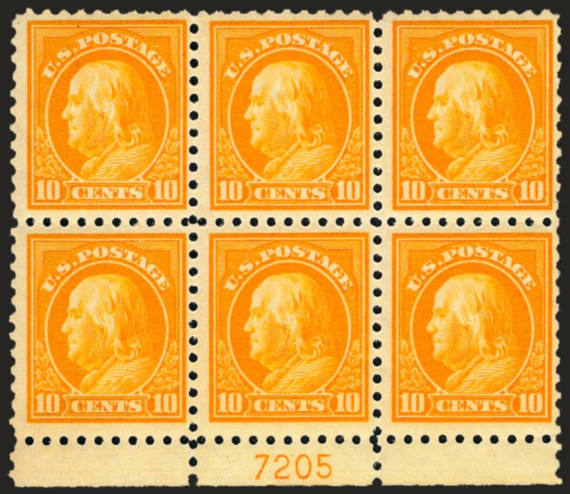 10c Orange Yellow (433).> Mint N.H. bottom plate no. 7205 block of six, vibrant color as fresh as the day it was printed, Fine