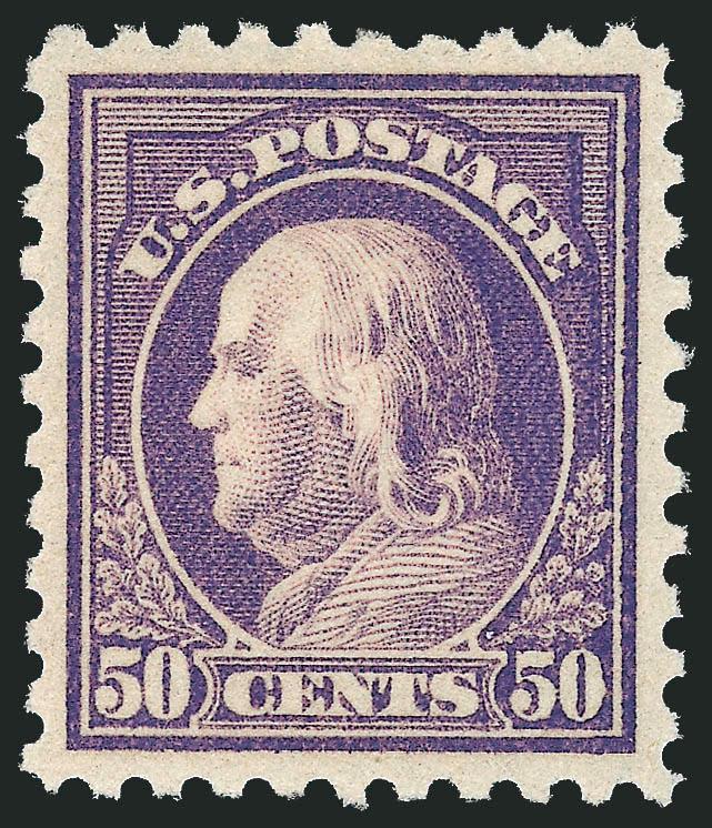 50c Violet (440).> Magnificently centered with lovely balanced margins all around, rich color and clear impression on fresh white paper<><>^EXTREMELY FINE GEM. AN OUTSTANDING 50-CENT VIOLET PERF 10 SINGLE-LINE
WATERMARKED STAMP OF THE 1913-15 ISSUE