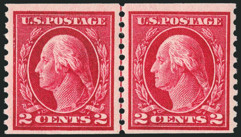2c Carmine, Coil (444).> Guide line pair, right stamp Mint N.H., left stamp barely hinged, intense shade and impression on bright paper, Very Fine, with 1999 and 2008 P.F. certificates, the former calling both
Mint N.H.