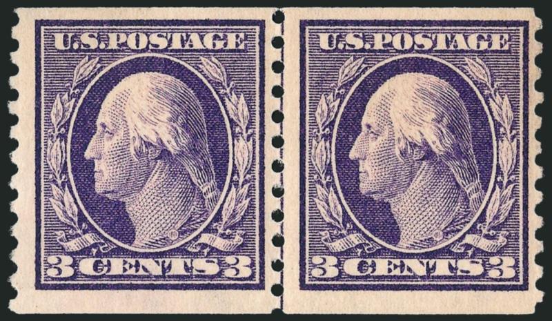 3c Violet, Coil (445).> Mint N.H. guide line pair, Fine and attractive, with 2003 P.F. certificate