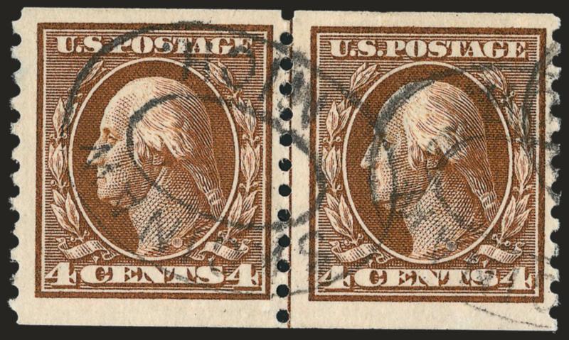 4c Brown, Coil (446).> Guide line pair, bright shade, neat strikes of Saginaw Mich. oval registry cancels, fresh and Fine, surprisingly scarce, we have only offered five others in our computerized records all
of which were centered similarly to the