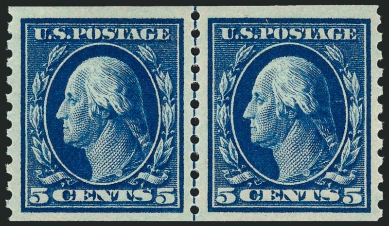 5c Blue, Coil (447).> Mint N.H. guide line pair, choice margins and exceptional centering, deep rich color, crisp impression, Extremely Fine, with 2008 P.S.E. certificate (XF 90 SMQ $1,100.00)