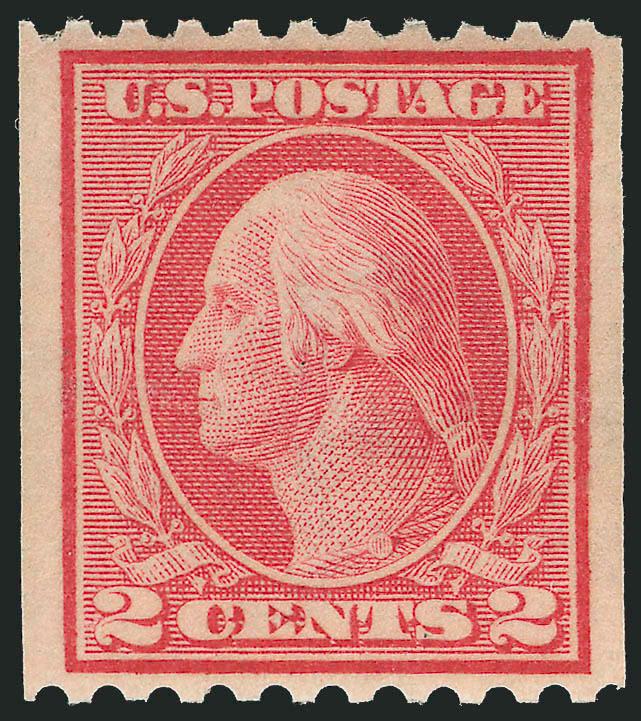 2c Red, Ty. I, Coil (449).> Described on both older certificates as Mint N.H. and on most recent certificate as hinged at center -- we see natural gum skips but no hinge traces -- exceptional centering with
wide margins all around, brilliant color an