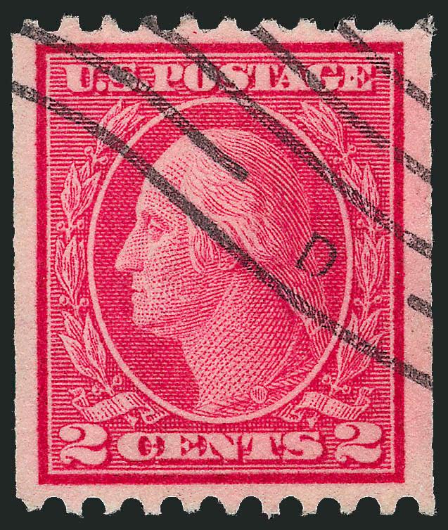 2c Carmine, Ty. III, Coil (450).> Exceptionally wide margins and stunning color, neat wavy-line machine cancel, Extremely Fine Gem, with 2008 P.S.E. certificate (XF-Superb 95 SMQ $280.00), only two other used
examples share this grade with none high