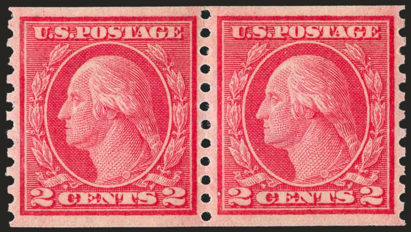 2c Red, Ty. II, Coil (454).> Mint N.H. pair, radiant color, choice centering, fresh and Extremely Fine, with 1997 P.F. certificate